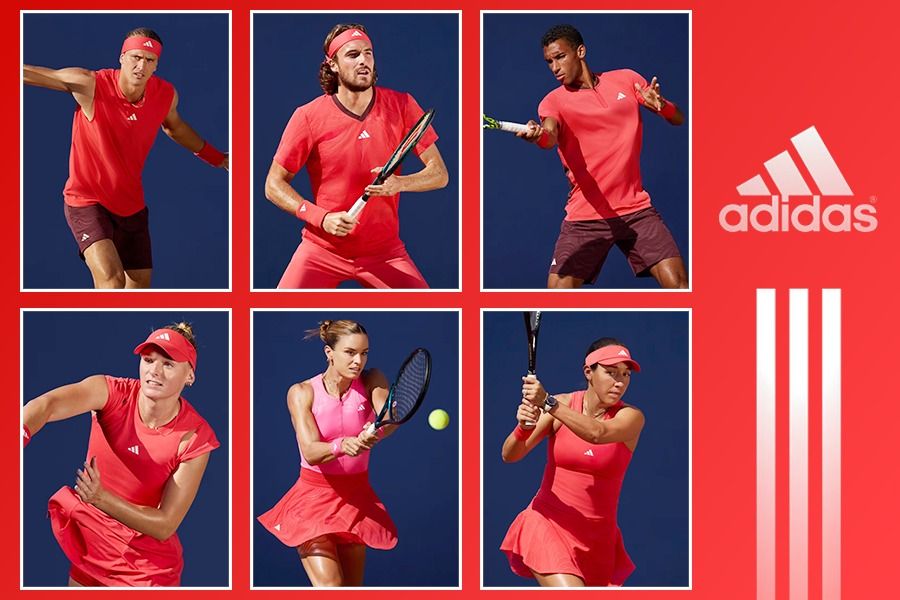 Alexander Zverev, Stefanos Tsitsipas, Felix Auger Aliassime, Jessica Pegula, Maria Sakkari, dan Ashlyn Krueger (dari atas kiri searah jarum jam), akan turun di Australian Open 2025 dengan setelan baru dari Adidas. (Rahmat Ari Hidayat/Skor.id)  