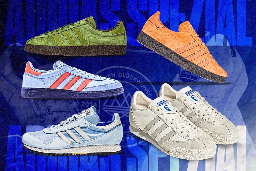 Lima sepatu kets Adidas SPZL: (dari kiri atas searah jarum jam) Ardwick, Topanga, LG 2, New York Carlos, dan GT Manchester SPZL, memiliki cerita unik di balik penciptaannya. (Dede S. Mauladi/Skor.id)