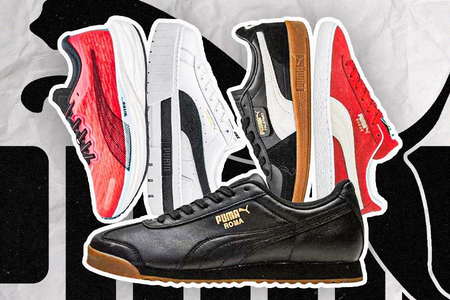 Lima sneaker Puma ini yang diyakini akan tetap menjadi favorit pada 2024 adalah: (ki-ka belakang) Deviate Nitro 2, Mayze Women’s  Sneaker, Palermo, Suede Classic XXI, dan Roma Classic Gum. (Dede Mauladi/Skor.id) 