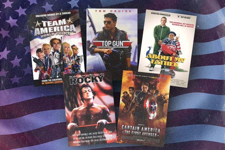 Team America: World Police, Top Gun,  About My Father, Captain America: The First Avenger, dan Rocky (searah jarum jam dari kiri atas) bisa ditonton untuk merayakan hari kemerdekaan Amerika Serikat. (Jovi Arnanda/Skor.id)  