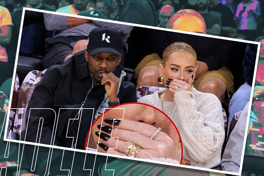 Adele dan kekasihnya Rich Paul terlihat mesra saat menonton laga Los Angeles Lakers dalam lanjutan NBA 202-2024. Inset: Cincin yang dikenakan Adele mengundang spekulasi. (M. Yusuf/Skor.id)
