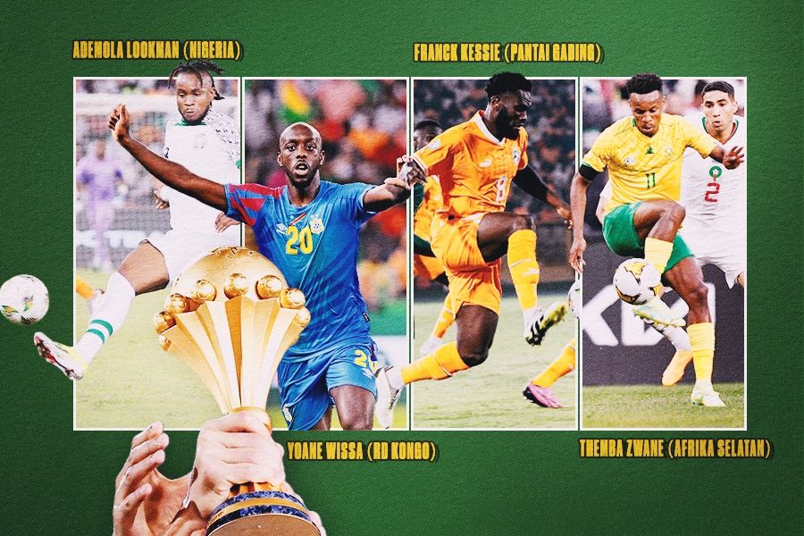 Semifinal Piala Afrika 2023 akan diwarnai aksi Ademola Lookman (Nigeria), Yoane Wissa (RD Kongo), Franck Kessie (Pantai Gading), dan Themba Zwane (Afrika Selatan). (Rahmat Ari Hidayat/Skor.id).