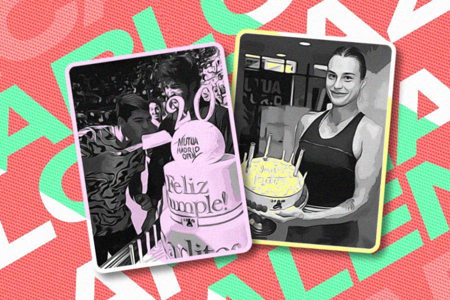 Carlos Alcaraz menerima kue besar (foto kiri) sementara Aryna Sabalenka dapat kue satu tingkat di Madrid Open. (Hendy AS/Skor.id)