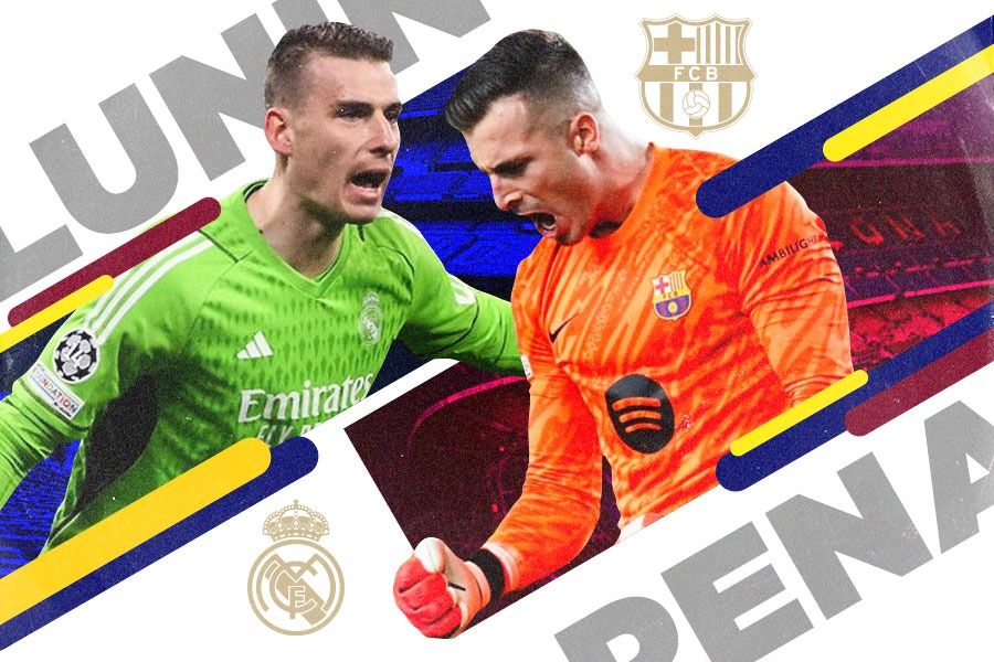 Kiper Real Madrid, Andriy Lunin (kiri) dan kiper Barcelona, Inaki Pena. (Yusuf/Skor.id).