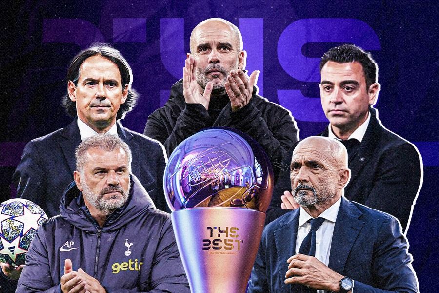 Ange Postecoglou, Simone Inzaghi, Pep Guardiola, Xavi Hernandez, dan Luciano Spalletti. (Dede Mauladi/Skor.id).