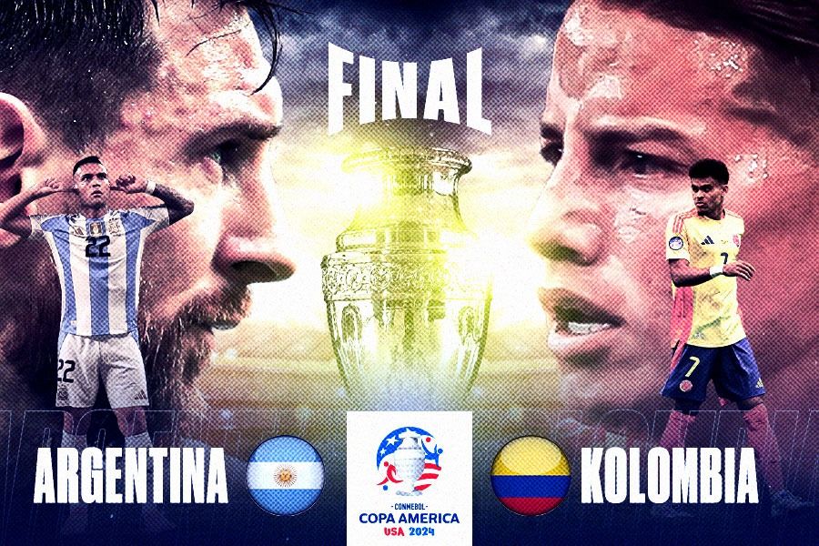 Final Copa America 2024 menampilkan Lionel Messi dan Lautaro Martinez (Argentina) menghadapi James Rodriguez dan Luis Diaz (Kolombia). (Yusuf/Skor.id).