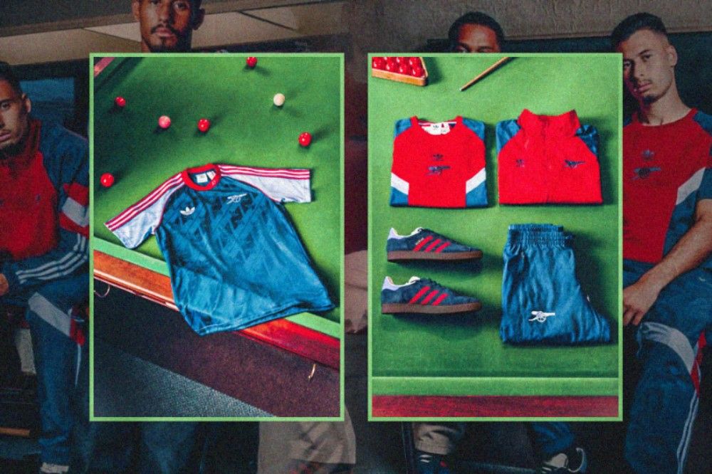 Koleksi Arsenal Adidas Originals 24-25 terdiri dari  track top, bottoms, t-shirt, hoodies, dan sepasang sepatu Adidas Gazelle spesial. (Hendy AS/Skor.id)