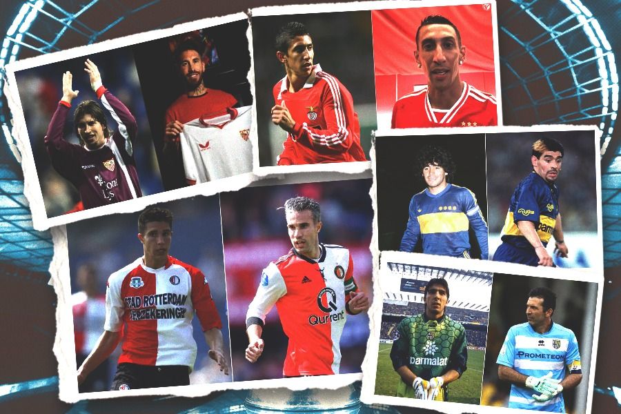 Bintang sepak bola seperti (searah jarum jam dari kiri atas) Sergio Ramos, Angel Di Maria, Diego Maradona, Gianluigi Buffon, dan Robin van Persie, sulit melupakan klub tempatnya dibesarkan. (Rahmat Ari Hidayat/Skor.id)    