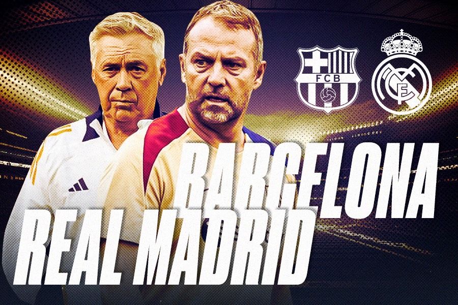 Laga Barcelona vs Real Madrid dalam uji coba, Minggu (4/8/2024) pagi menampilkan dua pelatih, Hansi Flick dan Carlo Ancelotti. (Yusuf/Skor.id).