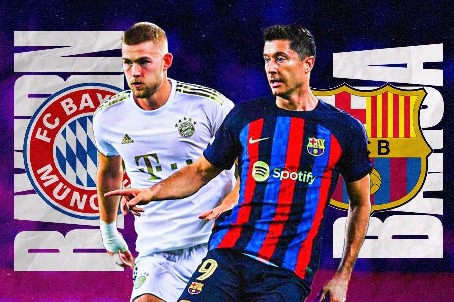 Bek Bayern Munchen Matthijs De Ligt berduel dengan striker Barcelona Robert Lewandowski dalam laga fas grup Liga Champions musim 2022-2023 lalu. (Dede Mauladi/Skor.id)