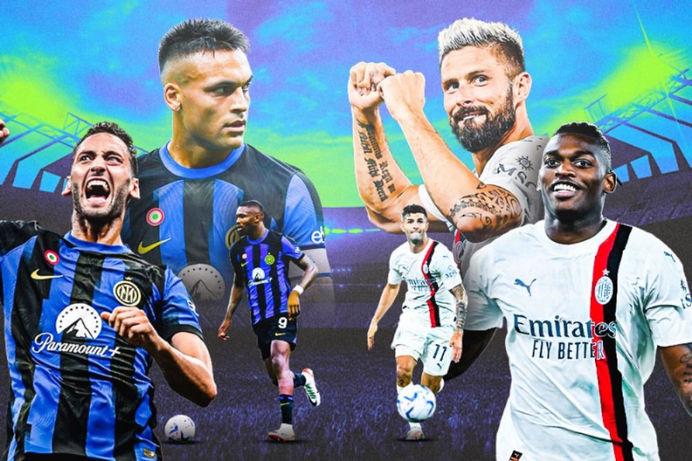  Ki-ka: Hakan Calhanoglu, Lautaro Martinez, Marcus Thuram, Christian Pulisic, Olivier Giroud, dan Rafael Leao akan beraksi saat Inter menghadapi AC Milan pada Sabtu. (Hendy AS/Skor.id)  