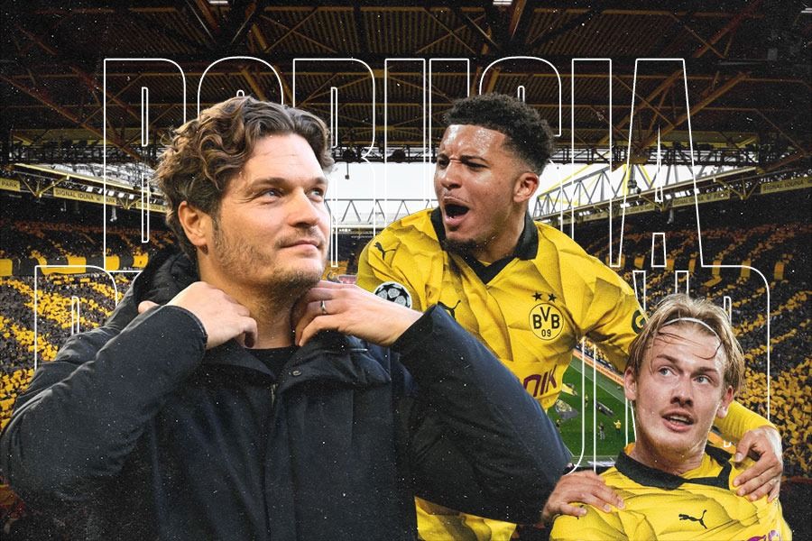 Pelatih Borussia Dortmund, Edin Terzic, dan bintangnya yaitu Jadon Sanco serta Julian Brandt. (Yusuf/Skor.id).