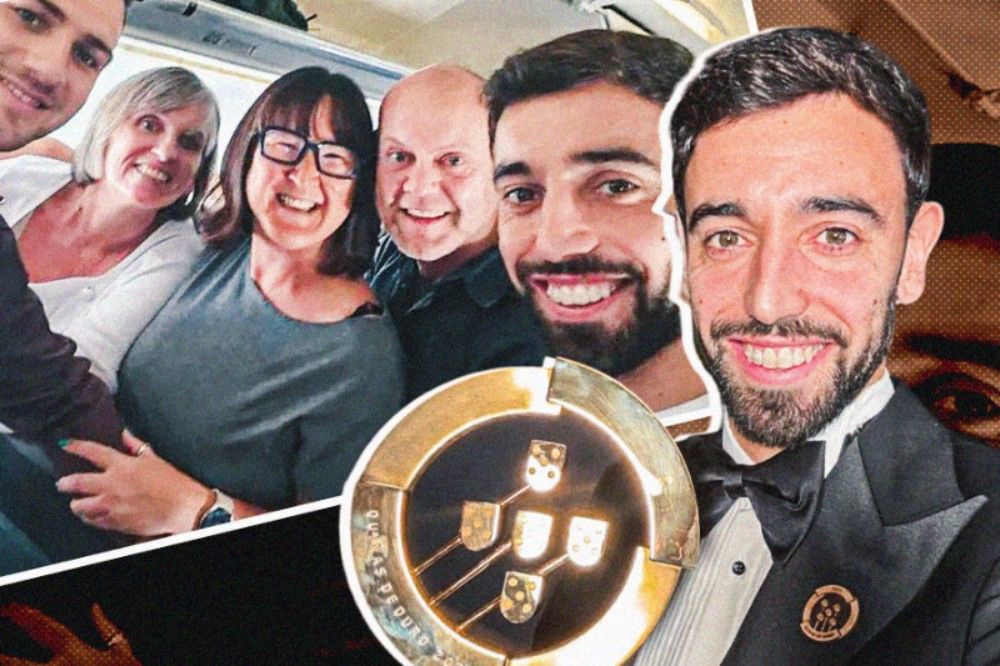 Bruno Fernandes dengan trofi Quinas de Ouro dan saat berfoto bersama Susanna Lawson dan rekannya di pesawat. (Hendy Andika/Skor.id).