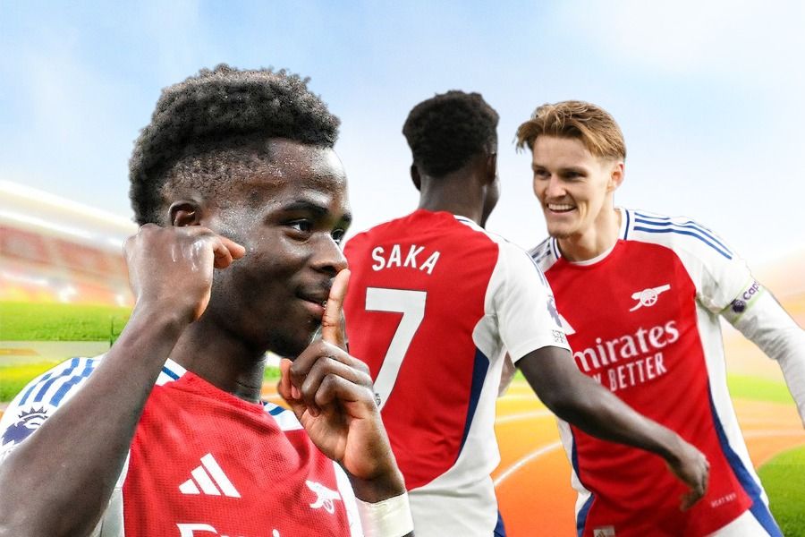 Bukayo Saka mencetak gol setelah memanfaatkan assist Martin Odegaard. (Rahmat Ari Hidayat/Skor.id).