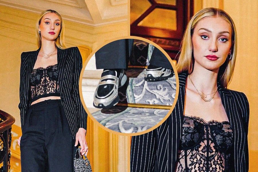 Bintang WNBA Cameron Brink tampil bak model usai mengenakan setelan kantoran yang dipadukan sepatu sepatu kets New Balance 1906L di Paris Fashion Week. (Hendy AS/Skor.id)