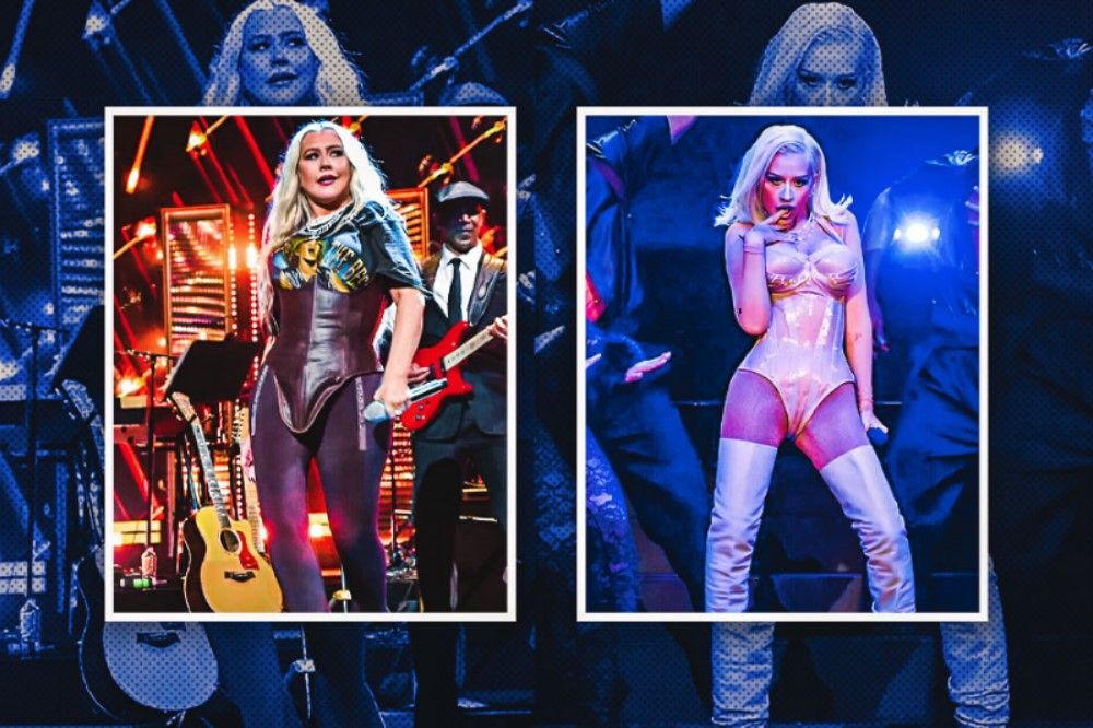 Perbandingan penampilan Christina Aguilera antara tahun 2021 (foto kiri) dengan saat manggung di Las Vegas, Nevada, AS, 30 Desember 2023 lalu. (Hendy AS/Skor.id)