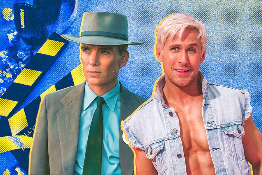 Cillian Murphy dalam film Oppenheimer (kiri) dan Ryan Gosling memerankan Ken dalam film Barbie (Hendy AS/Skor.id).