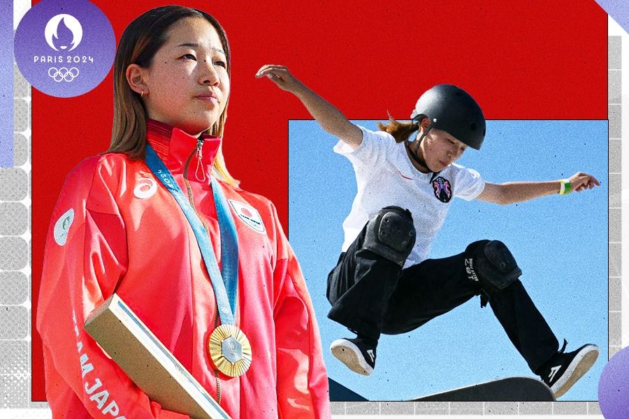 Skater belia Jepang Coco Yoshizawa, 14 tahun, menujukkan kelasnya saat merebut emas nomor women's street cabang olahraga skateboarding Olimpiade Paris 2024. (Rahmat Ari Hidayat/Skor.id)