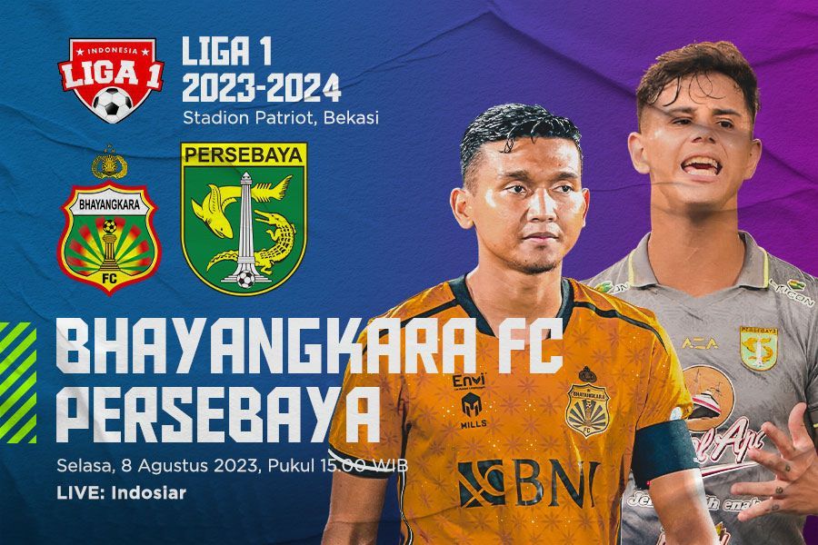 Bhayangkara FC vs Persebaya untuk pekan ketujuh Liga 1 2023-2024. Hendy AS - Skor.id