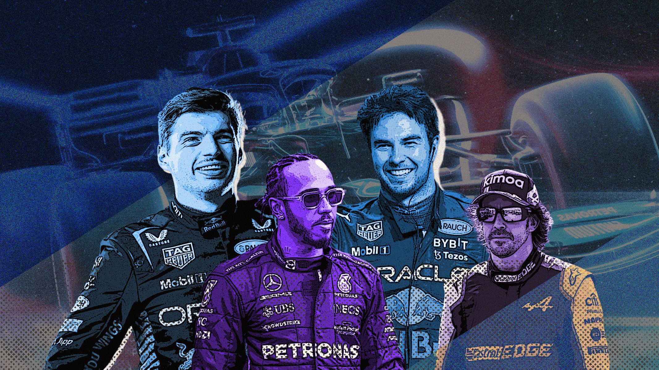 Cover Max Verstappen, Hamilton, Perez, dan Alonso. (Grafis: Hendy AS/Skor.id)