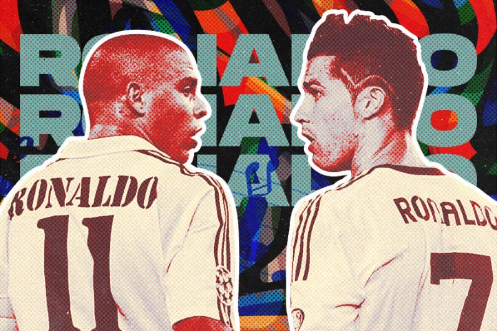 Legenda Brasil Ronaldo Luis Nazario de Lima (kiri) dan bintang timnas Portugal Cristiano Ronaldo menjadi inspirasi lagu musisi asal Nigeria. (M. Yusuf/Skor.id) 