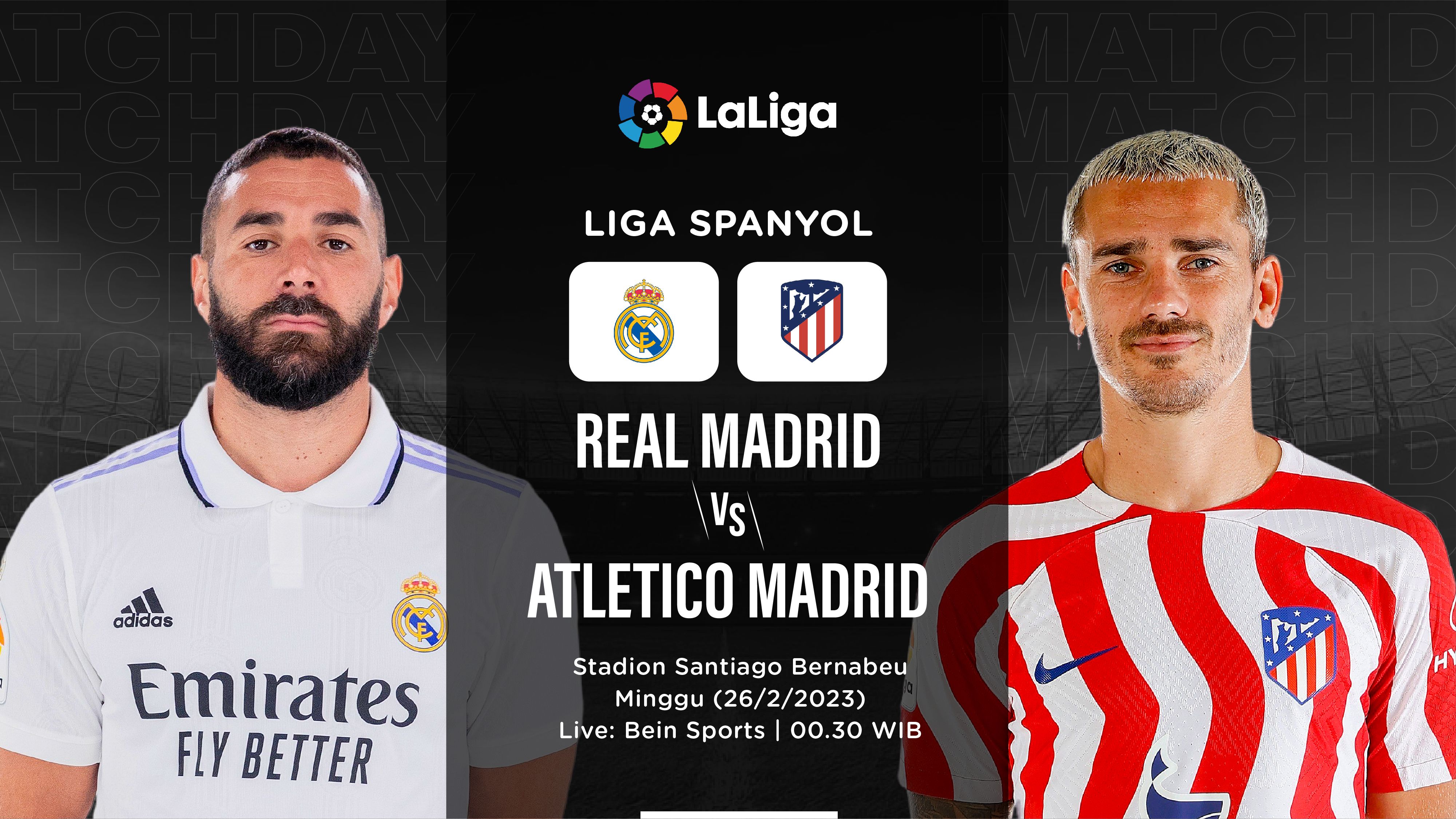 Cover Real Madrid vs Atletico Madrid menampilkan penyerang Karim Benzema dan Antoine Griezmann (Grafis: Hendy/Skor.id).