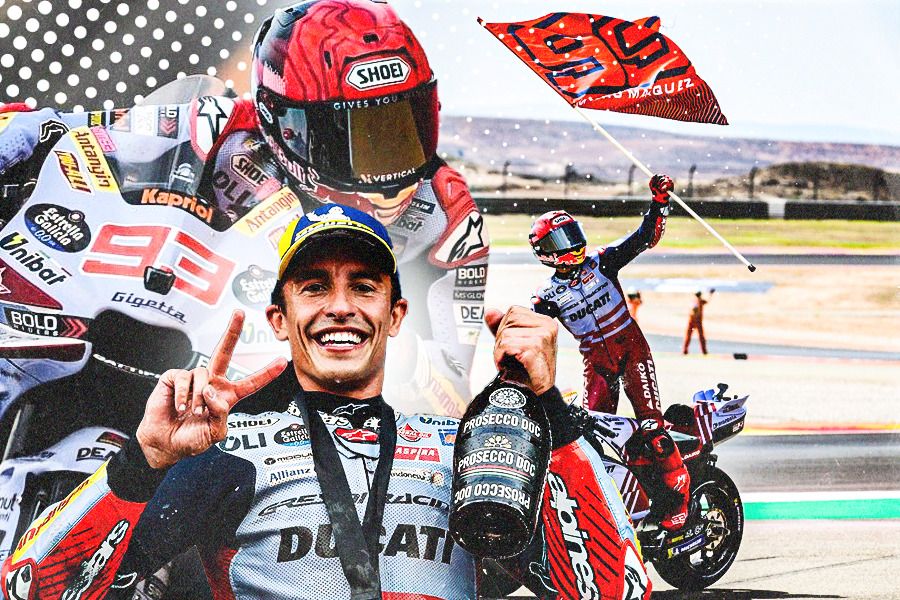 Pembalap Tim Gresini Racing Marc Marquez menghapus penantian panjang memenangi race MotoGP usai naik podium utama di GP Aragon, Minggu (1/9/2024). (Jovi Arnanda/Skor.id)