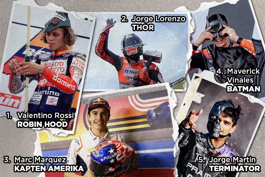 Valentino Rossi (1), Jorge Lorenzo (2), Marc Marquez (3), Maverick Vinales (4), dan Jorge Martin (5), semua terinspirasi karakter superhero dalam film. (M. Yusuf/Skor.id)
