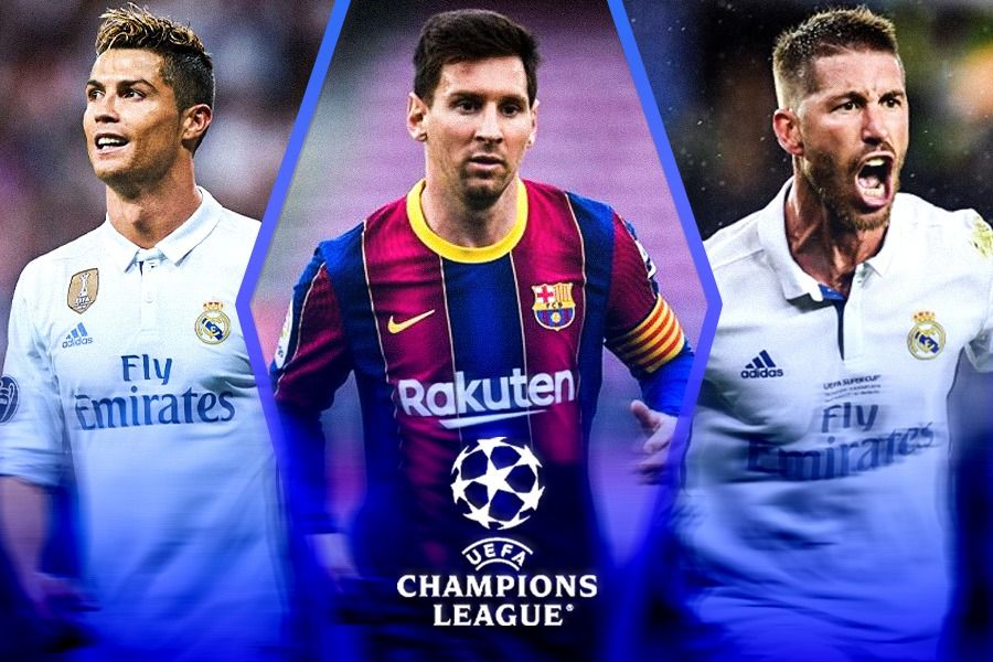 Cristiano Ronaldo, Lionel Messi, dan Sergio Ramos, punya menit bermain terbanyak di Liga Champions. (Grafis: Kevin Bagus Prinusa/Skor.id).