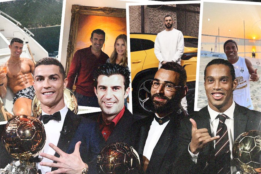 Cristiano Ronaldo, Luis Figo, dan Karim Benzema mampu menyelaraskan raihan Ballon d'Or dengan kekayaan namun tidak dengan Ronaldinho. (Jovi Arnanda/Skor.id)