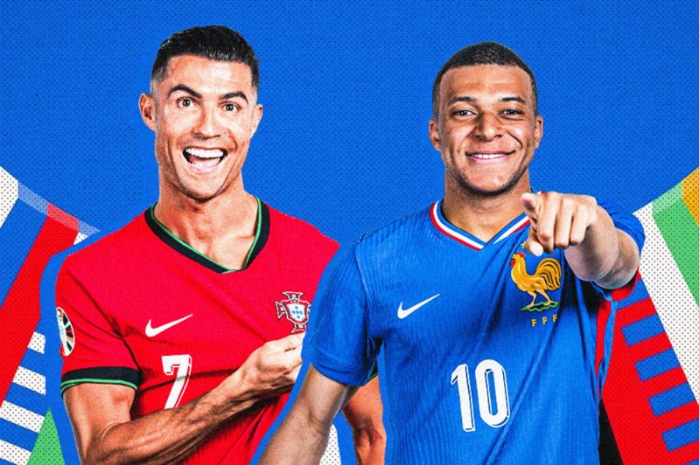Laga Portugal vs Prancis di perempat final Euro 2024, akan mempertemukan Cristiano Ronaldo dan Kylian Mbappe. (Hendy Andika/Skor.id).