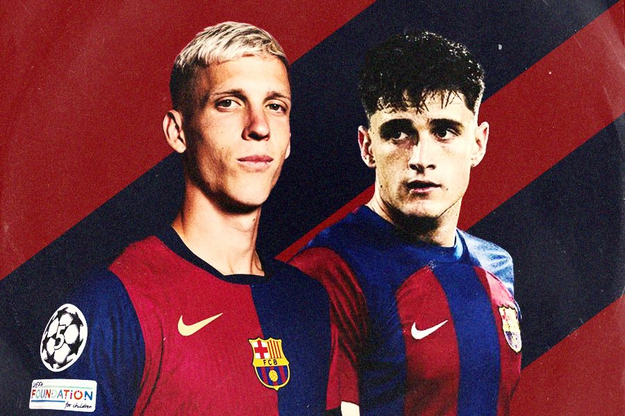 Bintang Barcelona, Dani Olmo (kiri) dan Pau Victor. (Jovi Arnanda/Skor.id).