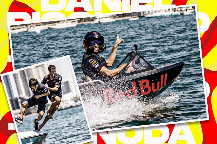 Pembalap F1, Daniel Ricciardo dan Yuki Tsunoda, adu cepat dalam balapan mini jet boat yang digelar Red Bull. (Dede Mauladi/Skor.id)