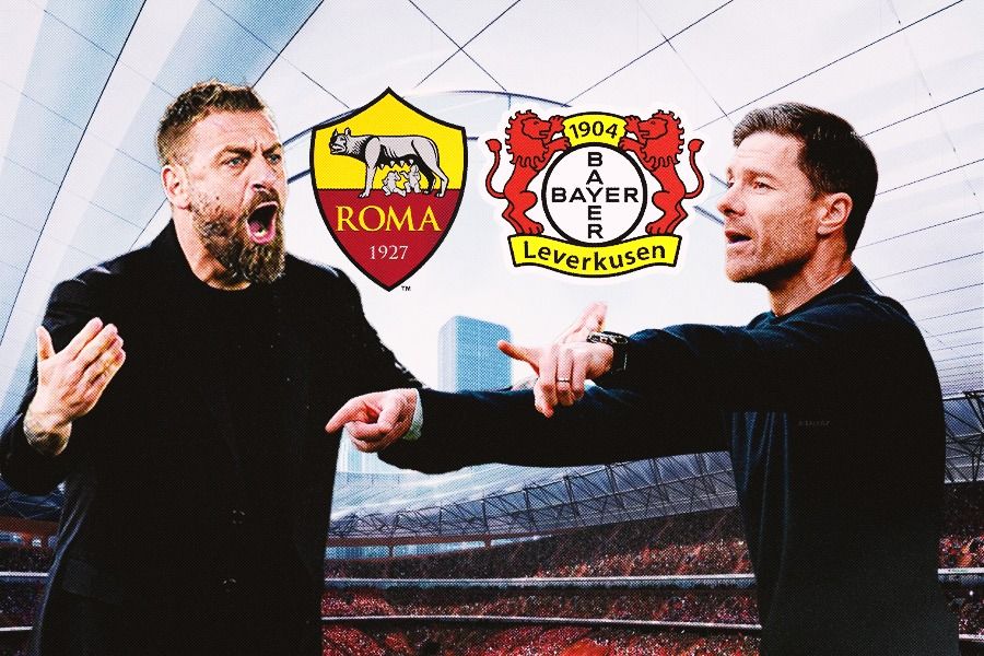Laga AS Roma vs Bayer Leverkusen di semifinal Liga Europa 2023-2024 menampilkan pelatih muda, Daniele De Rossi dan Xabi Alonso. (Rahmat Ari Hidayat/Skor.id).