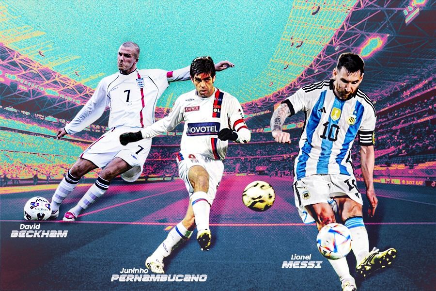 Para spesialis penembak tendangan bebas, David Beckham, Juninho Pernambucano, dan Lionel Messi. (Rahmat Ari Hidayat/Skor.id).
