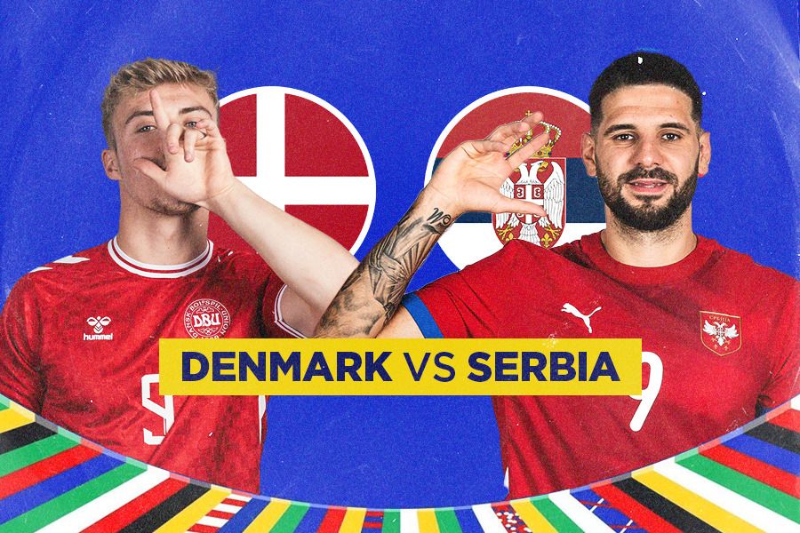 Laga Denmark vs Serbia di Grup C Euro 2024, menampilkan penyerang seperti Rasmus Hojlund dan Aleksandar Mitrovic. (Jovi Arnanda/Skor.id).