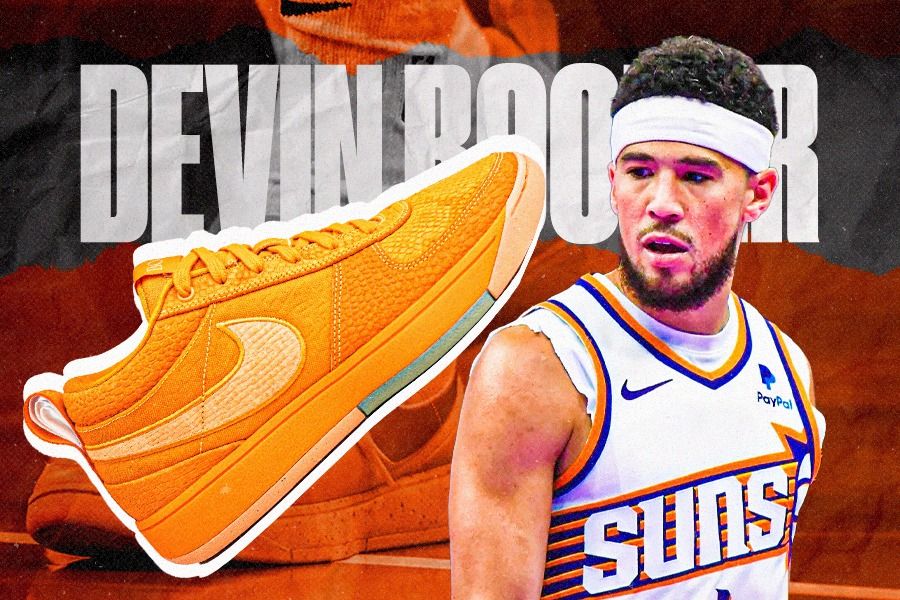 Sepatu khas Devin Booker, Nike Book 1 Bright Orange dipakai saat Phoenix Suns melawan Utah Jazz. (Dede Mauladi/Skor.id) 