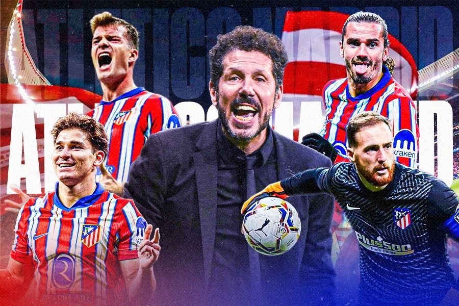 Diego Simeone (tengah) dan pemain bintangnya yaitu (arah jarum jam) Julian Alvarez, Alexander Sorloth, Antoine Griezmann, dan Jan Oblak (Dede Sopatal Mauladi/Skor.id).