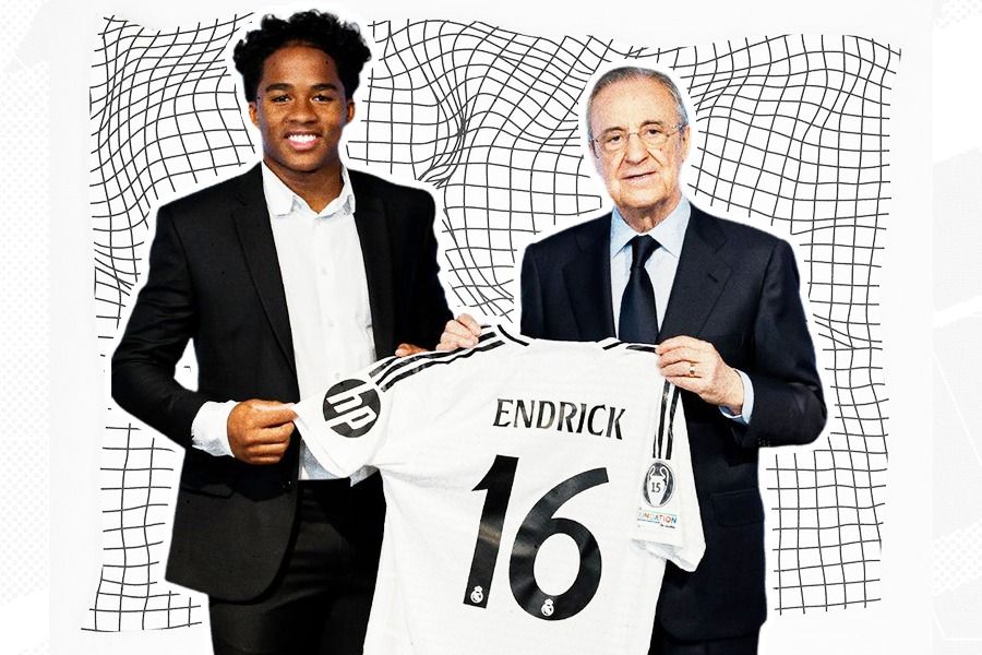 Endrick (kiri) dengan Florentino Perez. (Rahmat Ari Hidayat/Skor.id).