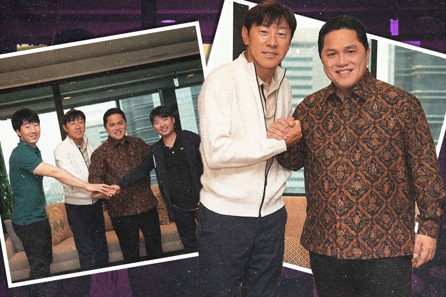 Ketua Umum PSSI, Erick Thohir (batik), bertemu pelatih Timnas Indonesia, Shin Tae-yong (putih), jelang putaran ketiga Kualifikasi Piala Dunia 2026, Agustus 2024. (Foto: Instagram Erick Thohir/Grafis: Yusuf/Skor.id)