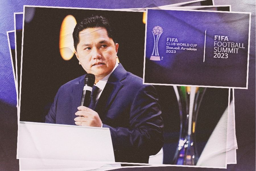 Erick Thohir bicara di forum FIFA Football Summit 2023. soal perkembangan sepak bola Indonesia. (Rahmat Ari Hidayat/Skor.id).