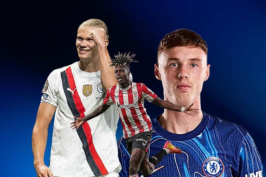 Erling Haaland, Nico Williams, dan Cole Palmer punya kontrak berdurasi panjang. (Grafis: Deni Sulaeman/Skor.id).