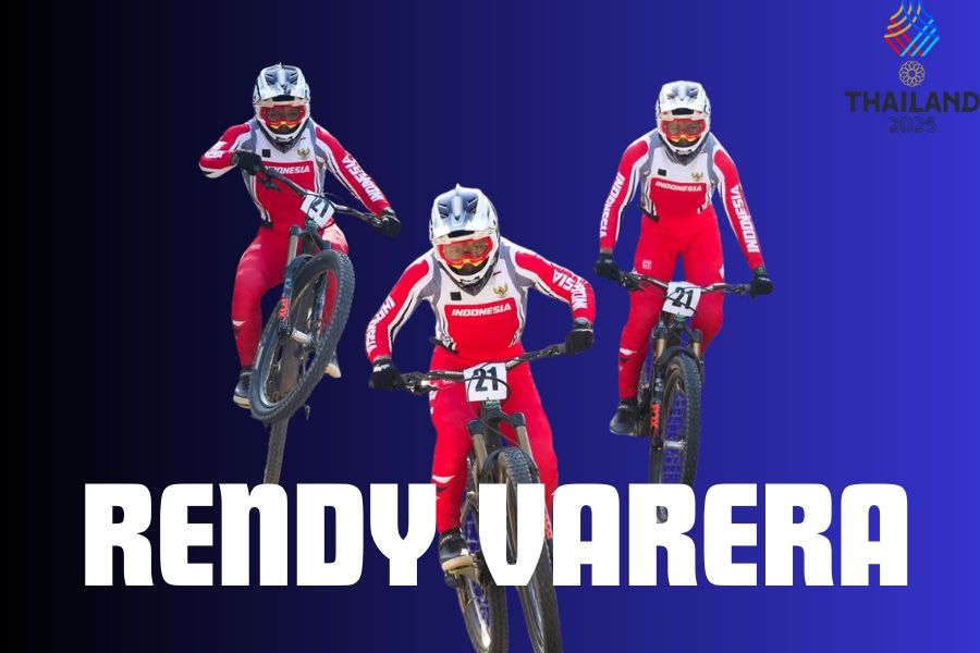 Pebalap sepeda MTB Downhill, Rendy Varera. (Foto: NOC Indonesia/Tetuko Mediantoro/Grafis: Skor.id)