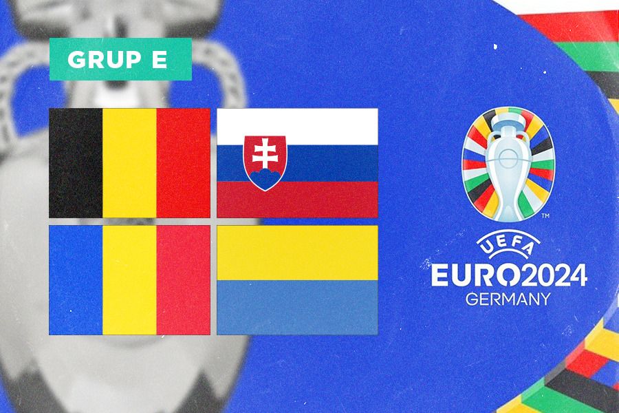 Grup E Euro 2024, terdiri dari Belgia, Slovakia, Rumania, dan Ukraina. (Jovi Arnanda/Skor.id).
