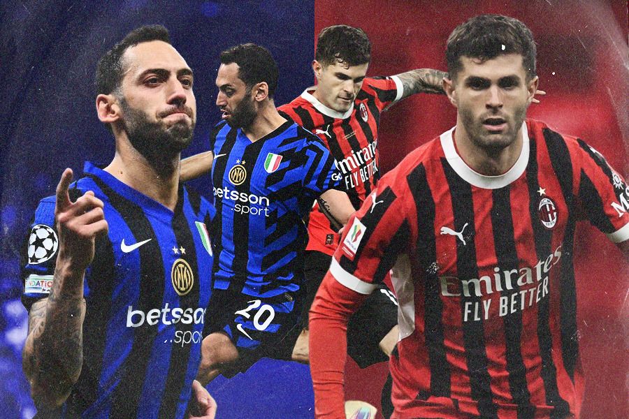 Penembak penalti Inter Milan dan AC Milan, Hakan Calhanoglu (kiri) dan Christian Pulisic. (Jovi Arnanda/Skor.id).