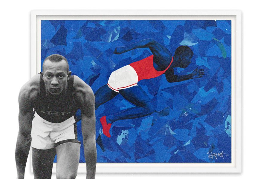 Warisan prestasi dan nilai-nilai Olimpiade dari Jesse Owens diangkat Hank Willis Thomas dalam bentuk karya seni cetak indah. (Jovi Arnanda/Skor.id)