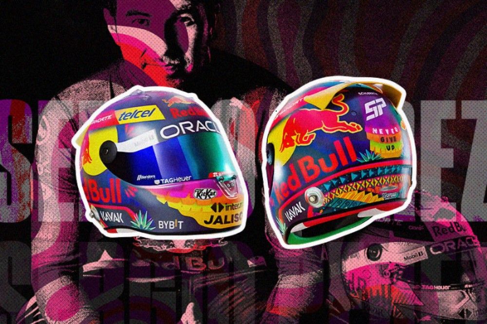 Helm berdesain grafis spesial untuk Sergio Perez turun di F1 GP Meksiko. (Hendy AS/Skor.id)