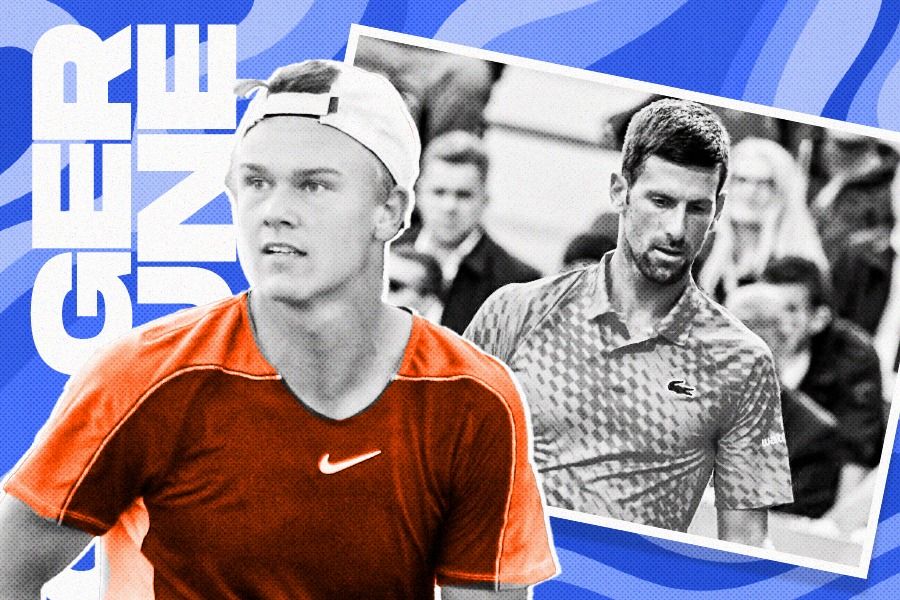 Anak ajaib Denmark, Holger Rune, menyingkirkan petenis No. 1 dunia, Novak Djokovic, di Italian Open 2023. (Dede Mauladi/Skor.id)