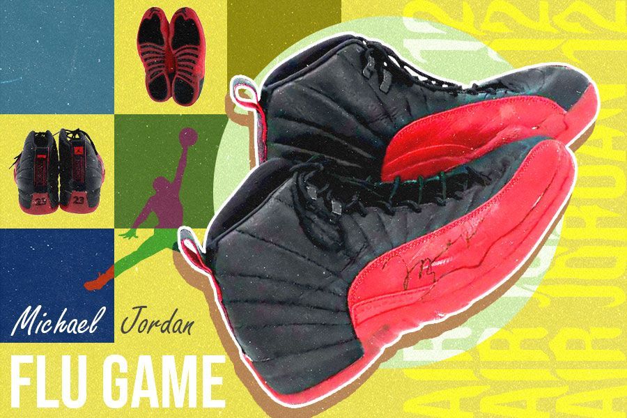Sepatu Air Jordan 12 ‘Flu Game’ yang dipakai Michael Jordan saat meraih gelar kelima NBA sepanjang kariernya. (M. Yusuf/Skor.id)