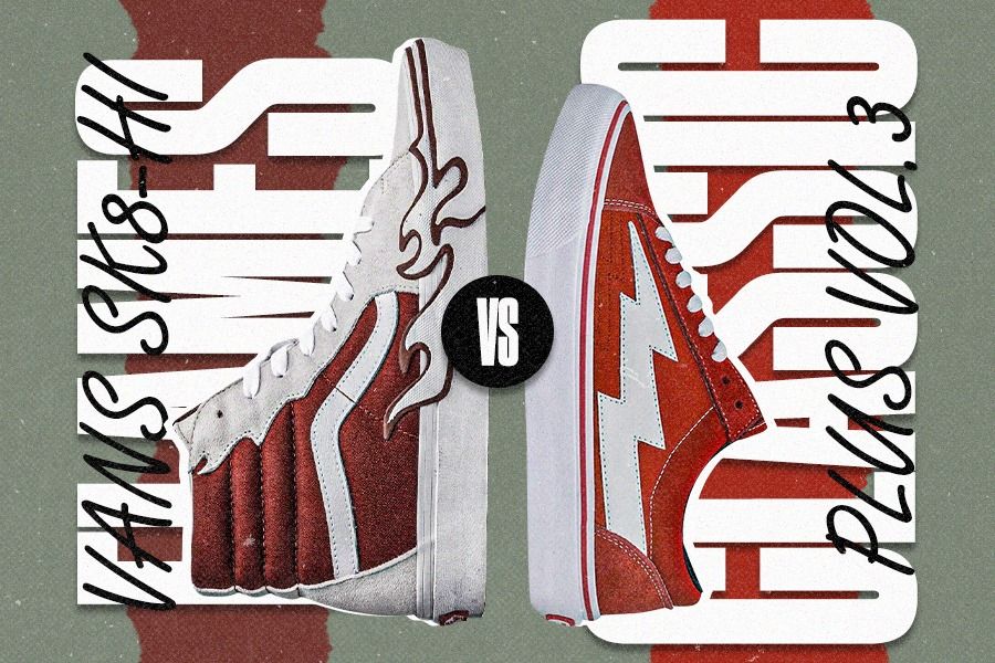 Sepatu Vans Sk8-Hi Flames dibanding-bandingkan dengan Revenge x Storm. (Dede Mauladi/Skor.id)